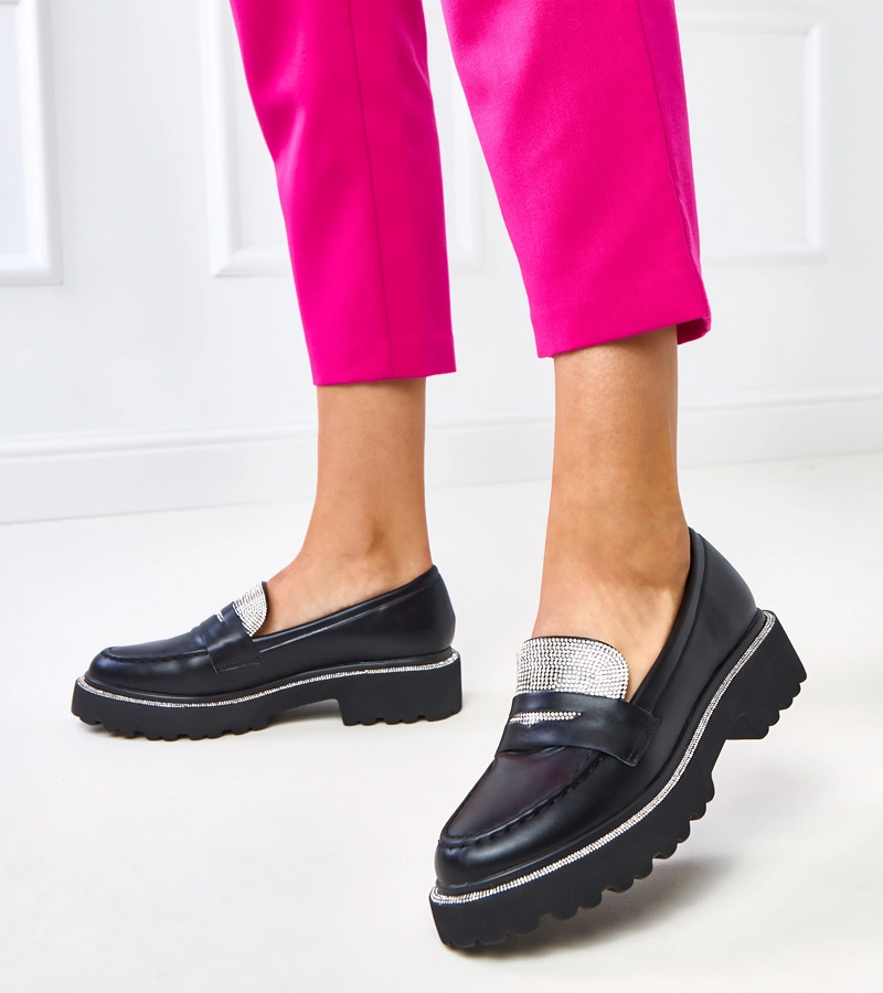 Mocasini negri pentru femei cu pietre Kejti