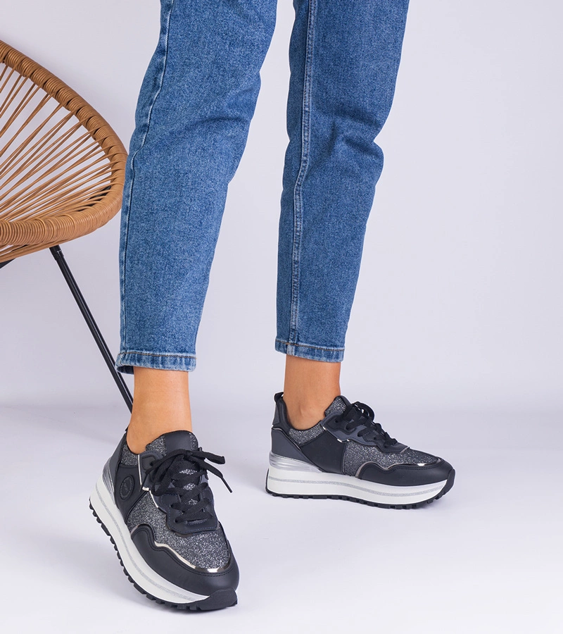 Adidași negri de damă decorați cu sclipici Nemeles