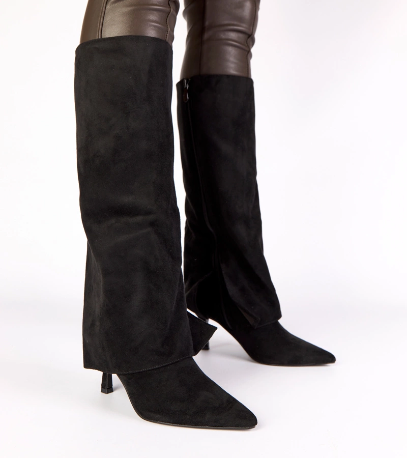 Cizme negre cu toc subțire din imitație de piele întoarsă Beria