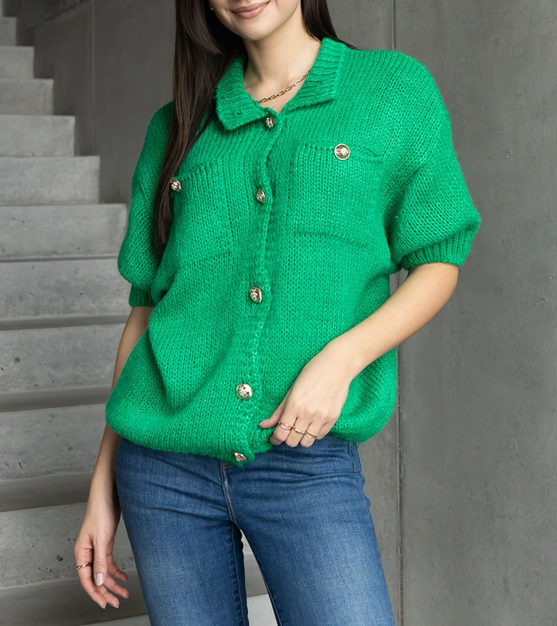 Pulover damă verde cu mânecă scurtă nasturi decorativi Shela