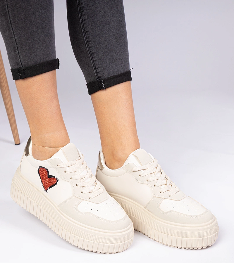 Adidași bej pentru femei cu inimioară sclipitoare Laira