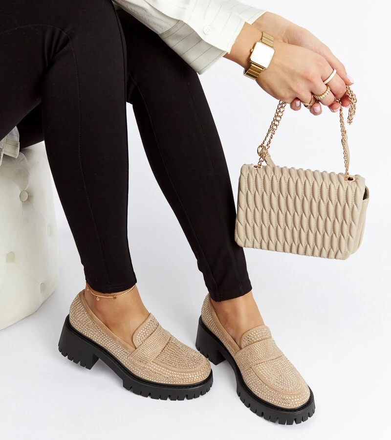 Mocasini bej pe toc gros Parent