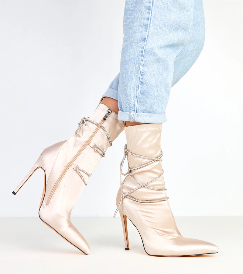 Cizme satinate șampanie cu toc decorate cu zirconii Tolnai