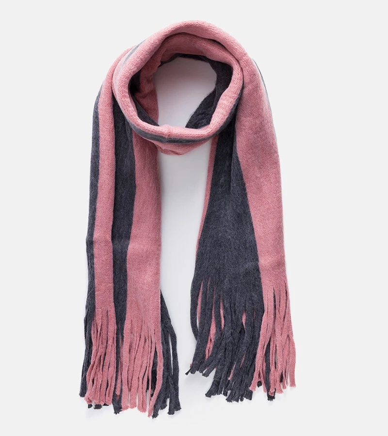 Eșarfă cu franjuri roz și gri Lana