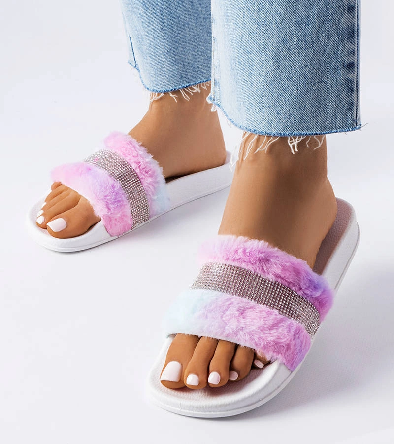 Șlapi de blană colorați cu zirconii Carrito