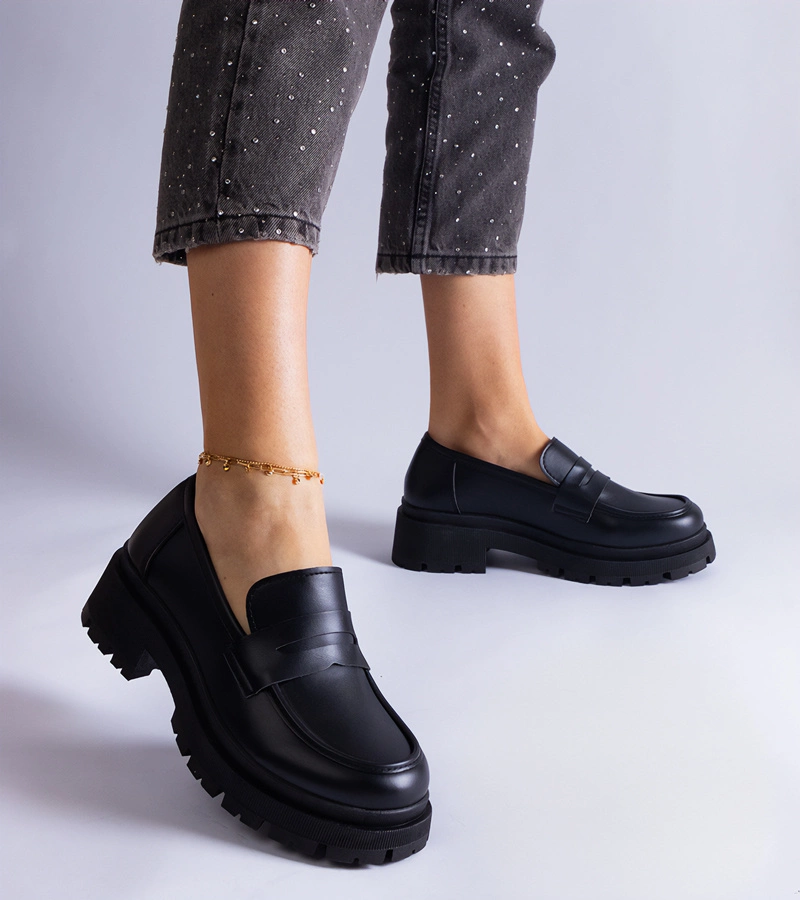 Mocasini negri din piele ecologică Fiorenza