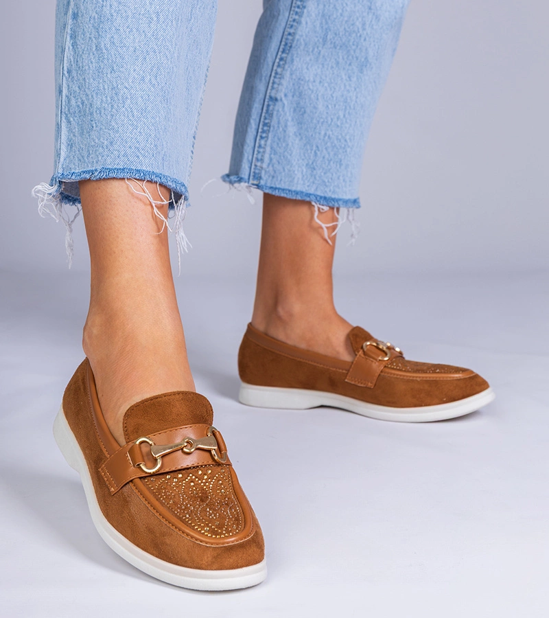 Mocasini maro din piele ecologică întoarsă cu zirconii Minilla