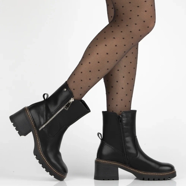 Ghete negre cu toc gros din piele naturală Brenda