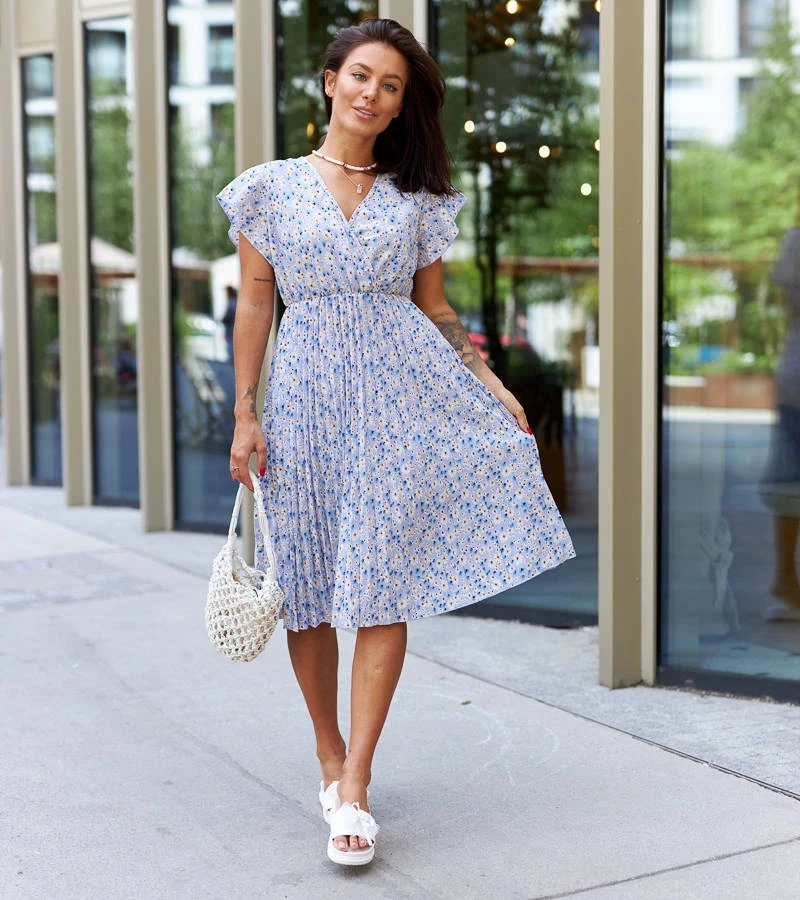 Rochie plisată albastră cu flori de Viminale