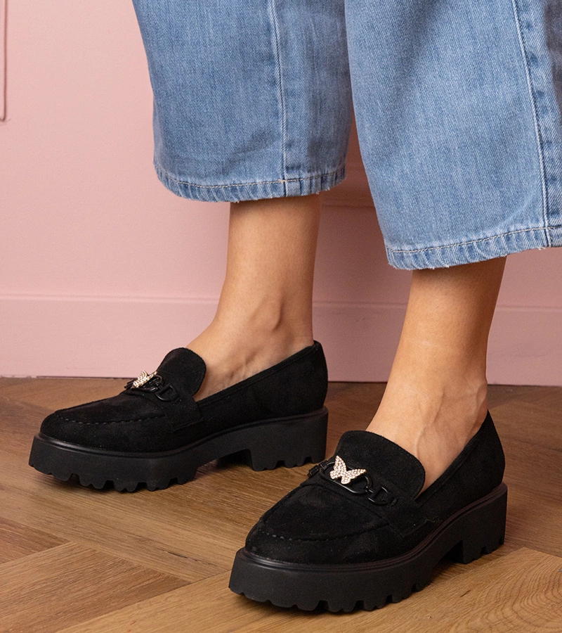 Mocasini negri de damă cu fluture din zirconiu Mokka