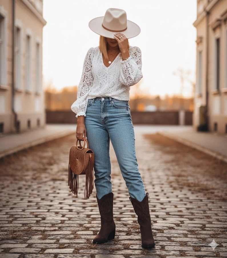 Cizme de cowboy maro cu broderie decorativă Cassa