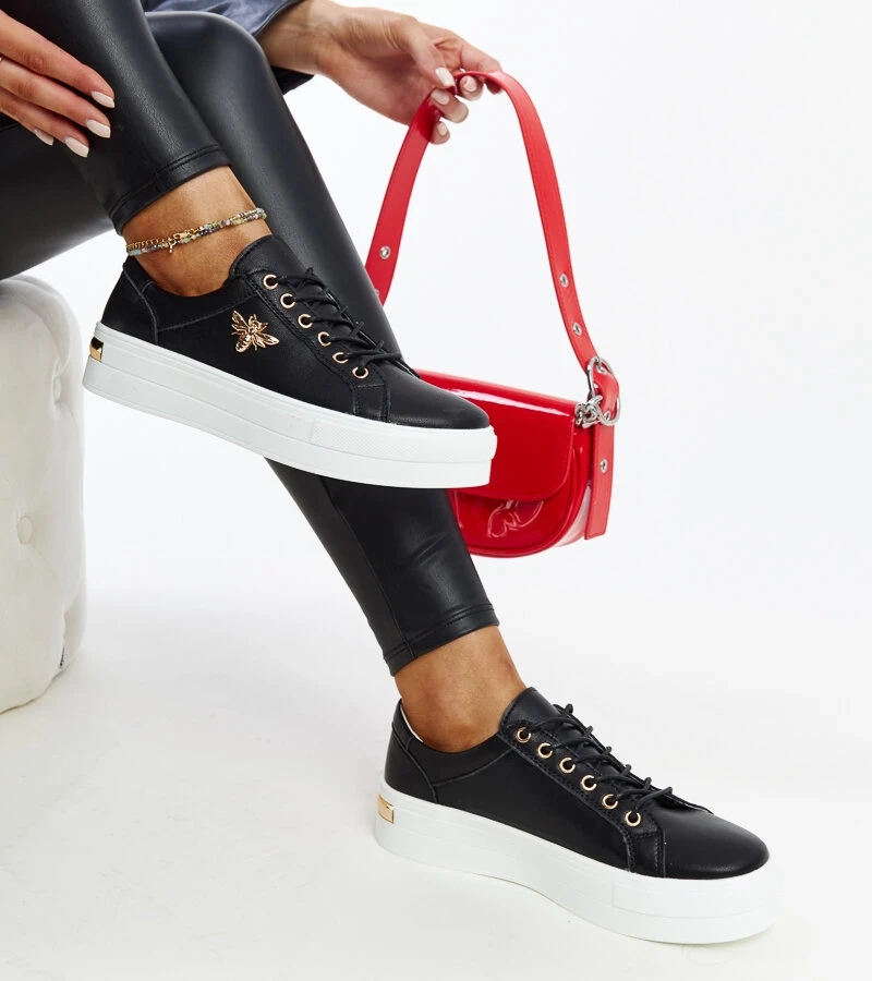 Sneakers negri de piele Mikka cu talpă groasă