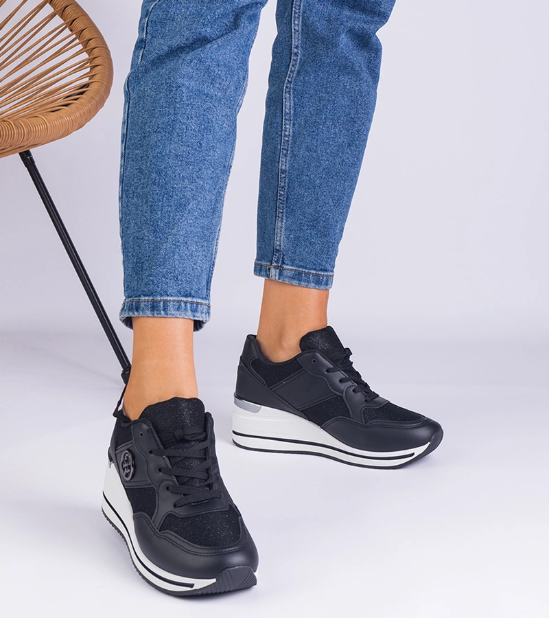 Adidași negri de damă decorați cu inserție metalică Eralda