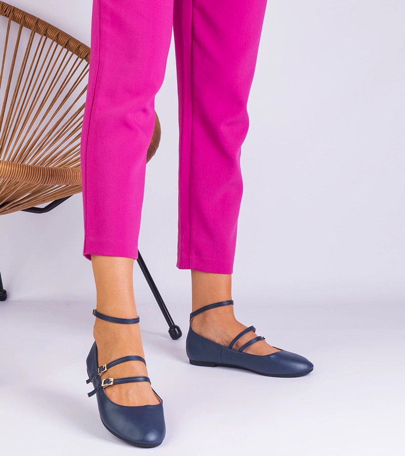 Balerini bleumarin din piele ecologică cu catarame Vitoldora