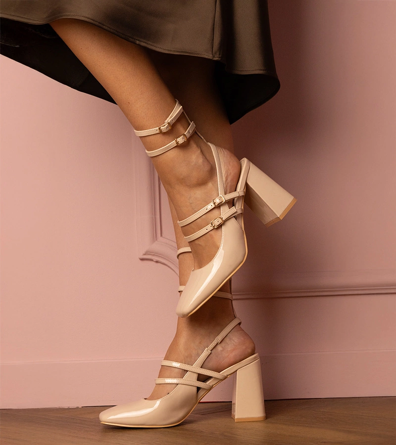 Pantofi cu toc gros lăcuiți bej Ferida