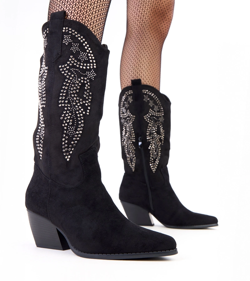 Cizme de cowboy negre cu toc jos cu zirconii Masura