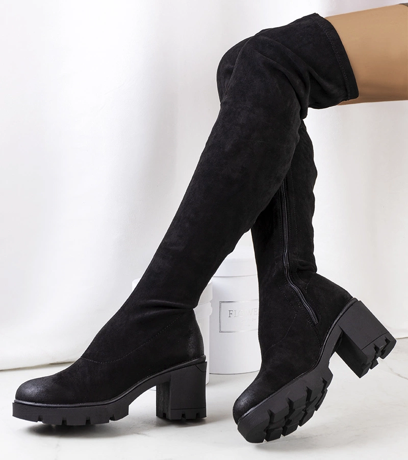 Cizme înalte din piele întoarsă neagră de Nina