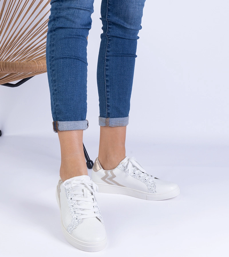 Adidași albi de damă cu imprimeu și sclipici Laneta