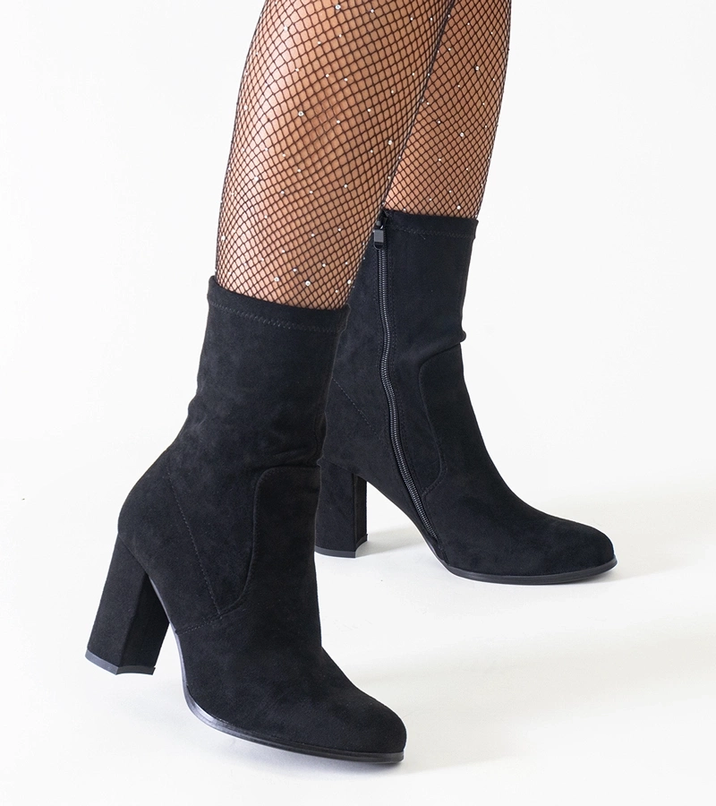 Botine negre, ajustate, cu toc înalt din eco-velur Haner.