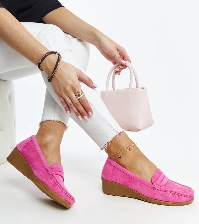 Mocasini de culoare roz închis, din piele de antilopă, cu platformă, de la Sakena