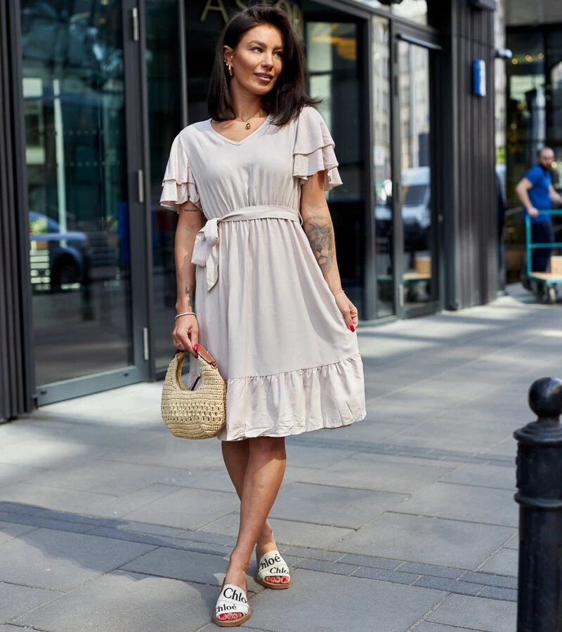 Rochie midi bej cu curea Sagasa