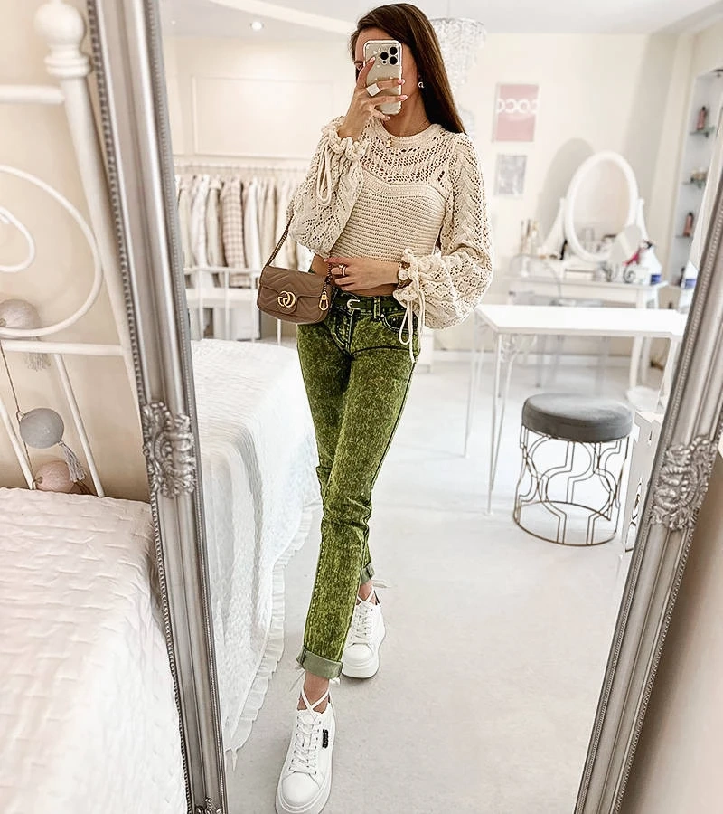 Pantaloni tubulari verzi pentru femei RE-510-2