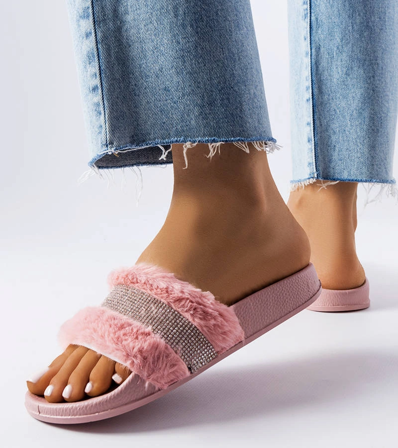 Șlapi din blană roz cu zirconiu cubic Carrito