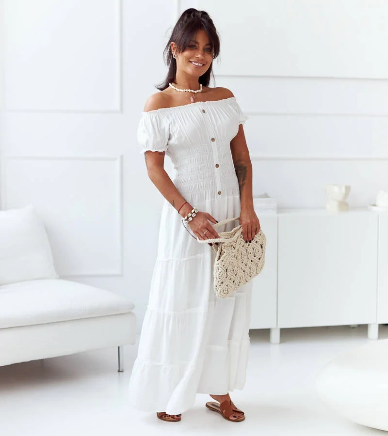 Rochie maxi albă cu pliuri Elenna