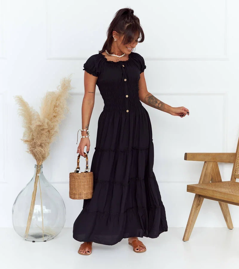 Rochie maxi neagră cu pliuri Elenna