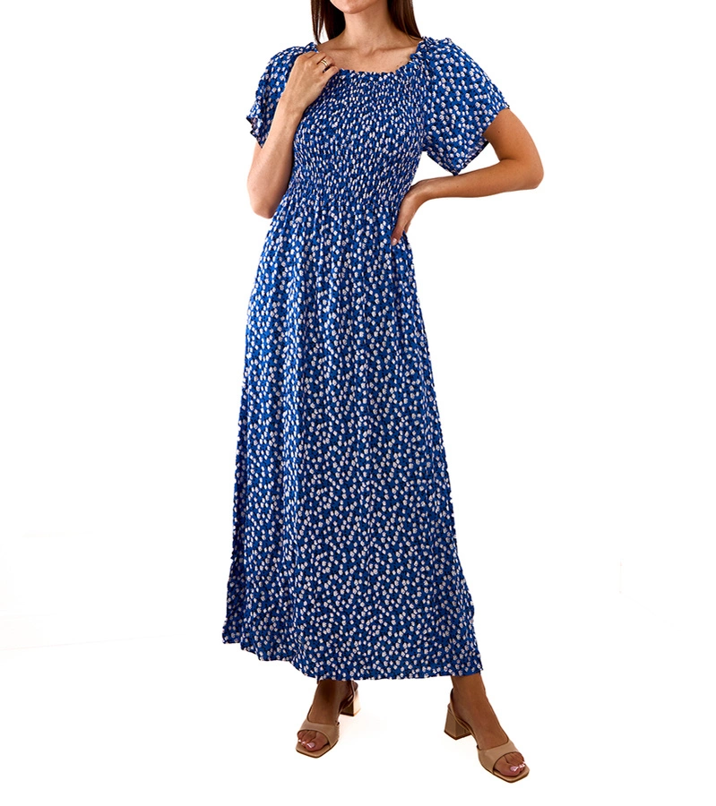 Rochie maxi albastru marin cu flori mici de Hajden