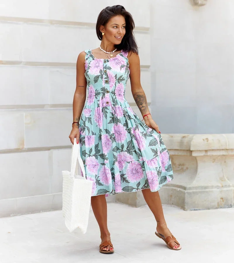 Rochie verde cu flori mov Coraline