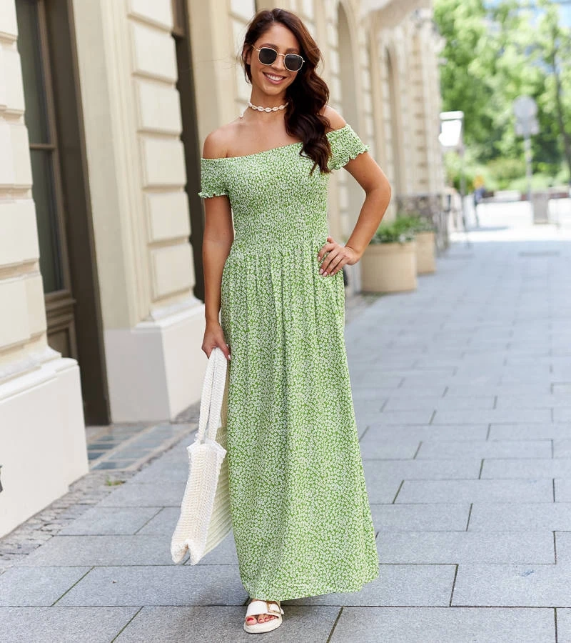 Rochie maxi verde deschis cu flori mici Mallori