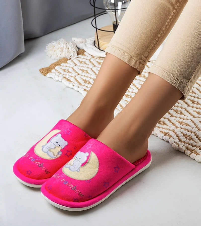 Papuci de casă roz neon moale Rainbow moon