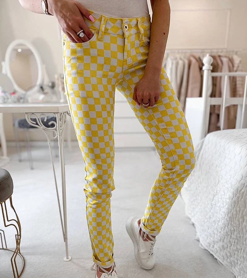 Pantaloni din țesătură cu carouri galbene Bler