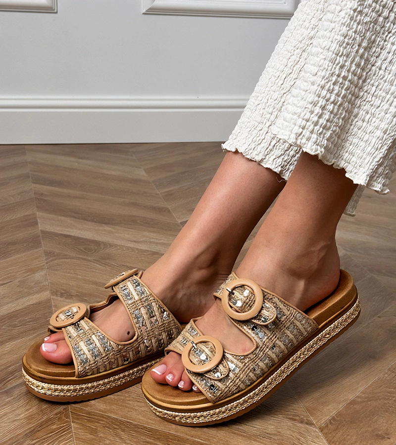 Lanora șlapi bej țesuți cu paiete pe barete