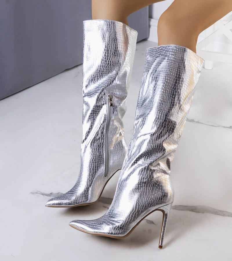 Dinami cizme cu toc stiletto argintiu Dinami