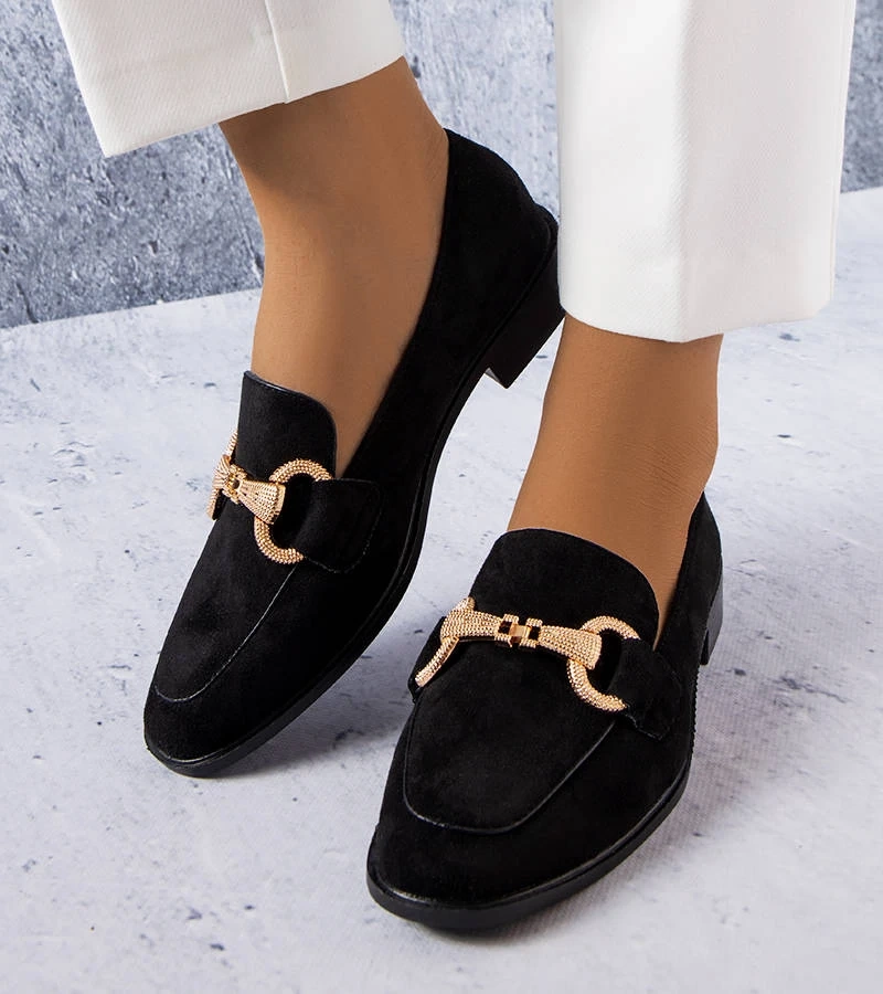 Mocasini negri cu ornament auriu Fluet