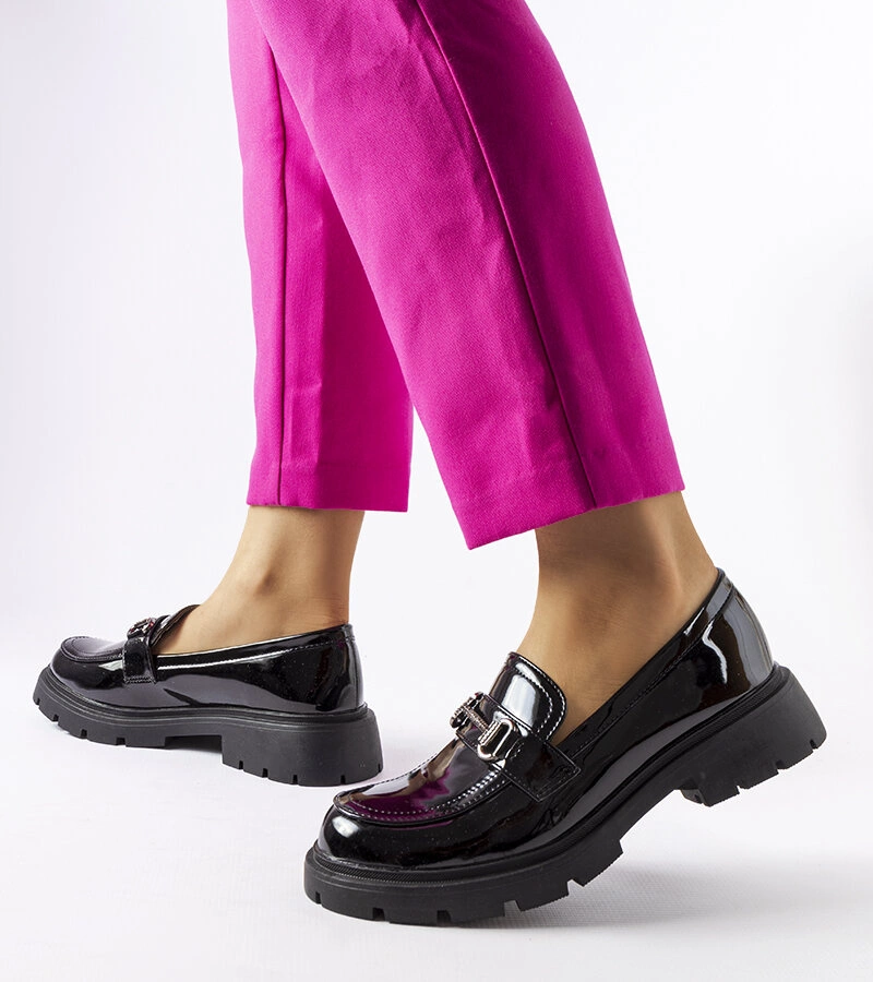 Mocasini lăcuiți negru cu zirconiu Cantú