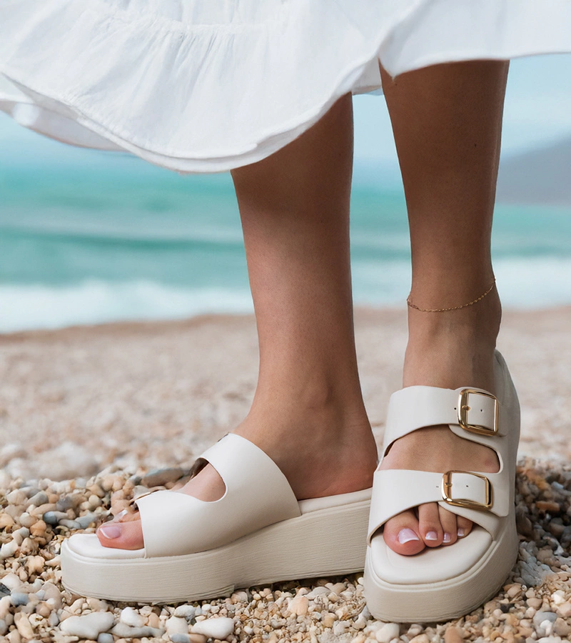 Papuci albi cu catarame pe barete Wollis