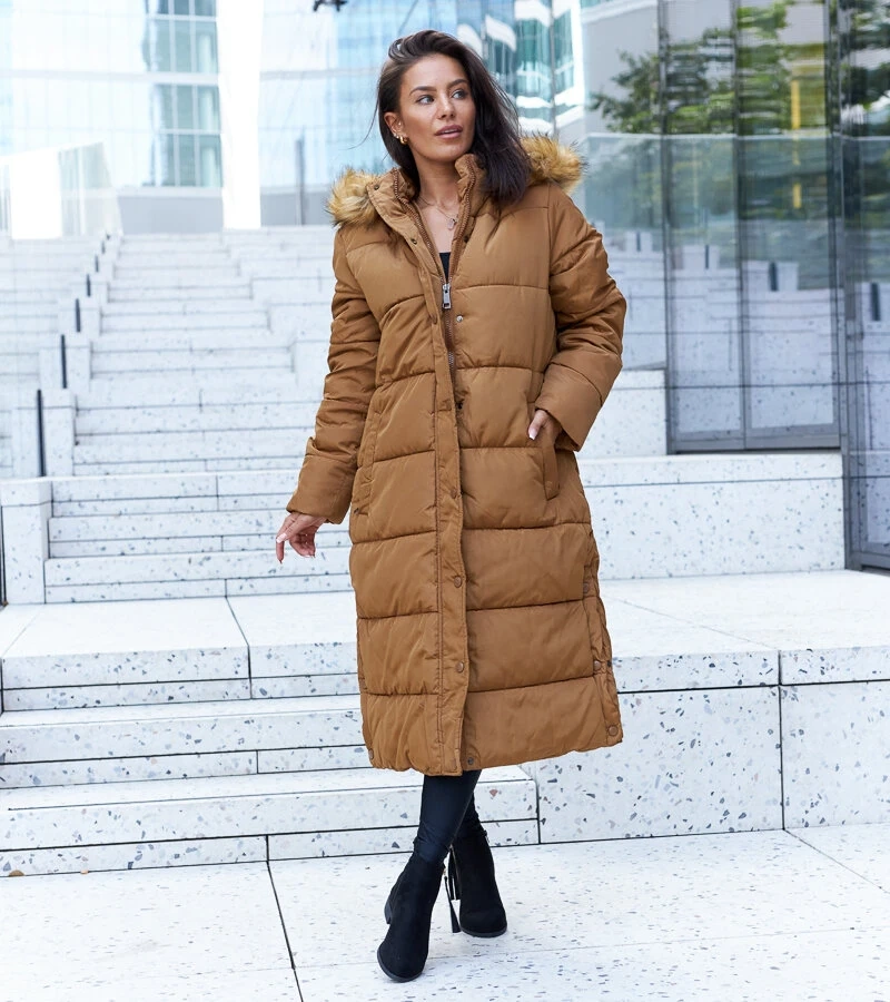 Geacă lungă maro cu glugă detașabilă Fela