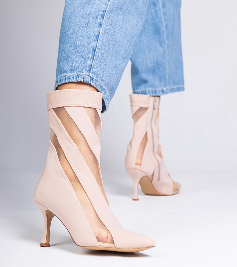 Botine bej satinate cu plasă pe toc subțire Ewelines