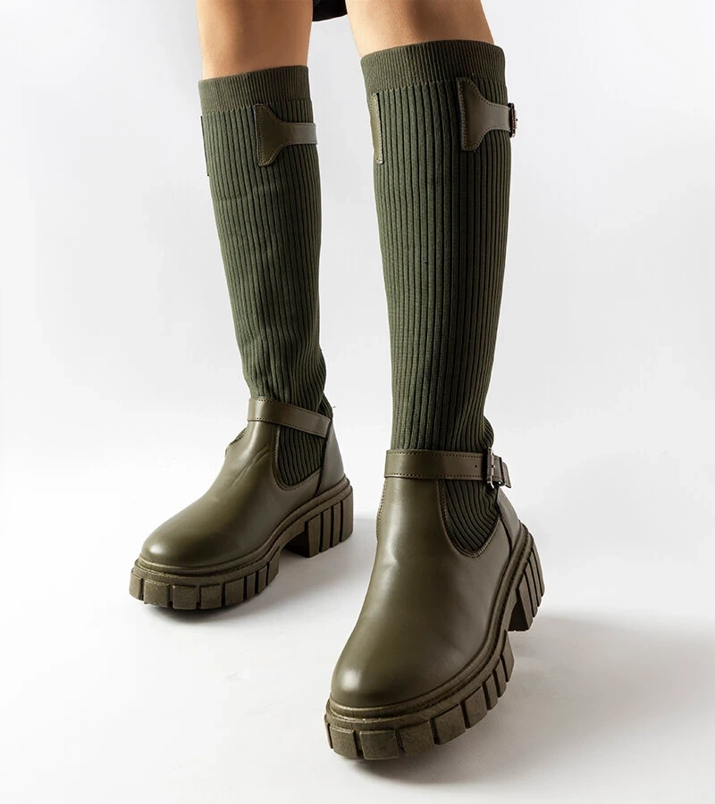 Cizme verzi cu partea superioară stretch Courcelle