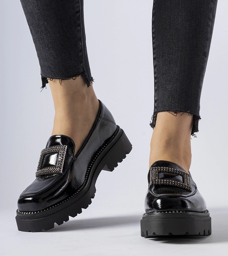 Mocasini negri lucioși cu zirconiu Clarks