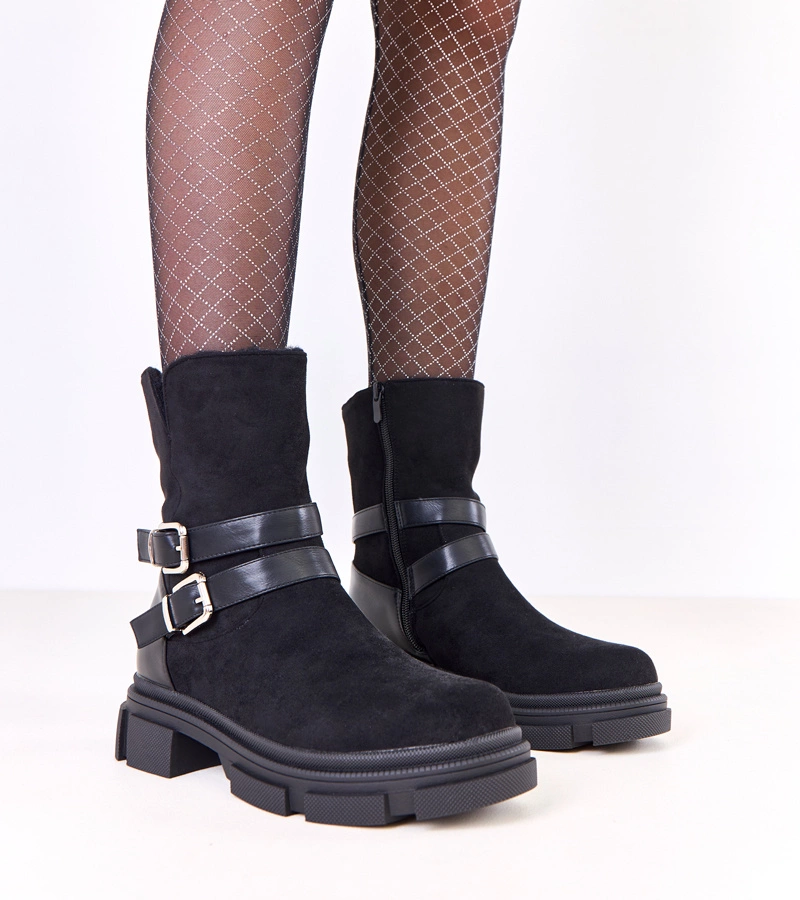 Botine negre îmblănite decorate cu catarame Lulisa