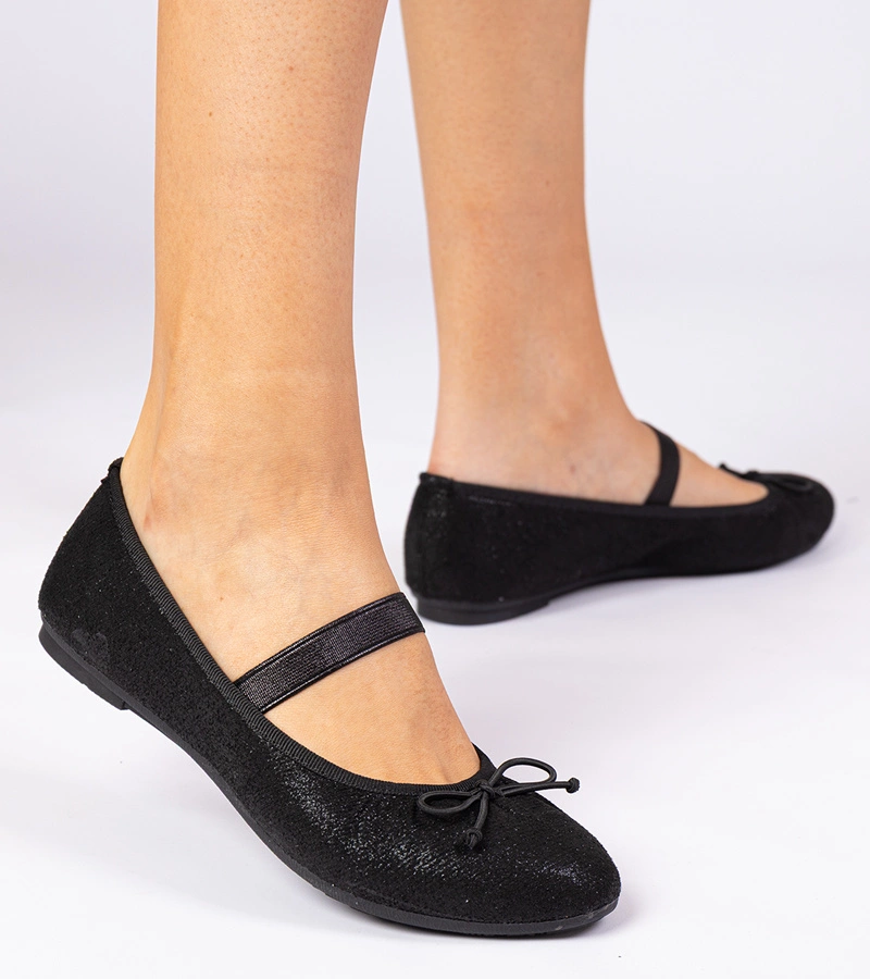 Balerini negri de damă cu fundiță pe elastic Lerona