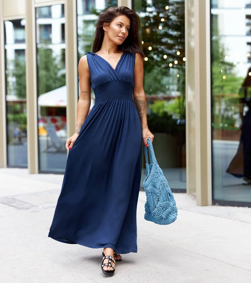 Petrona rochie maxi albastru marin cu pliuri