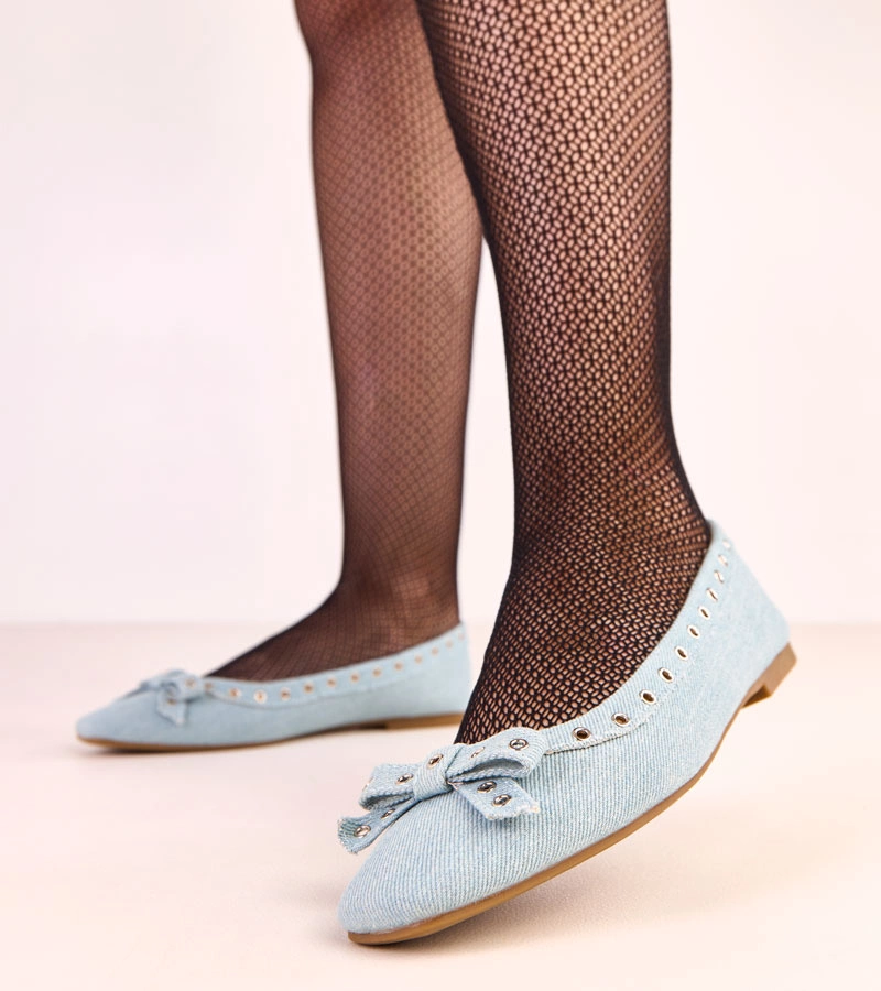 Balerini din blugi cu nituri decorative și fundiță Baisa