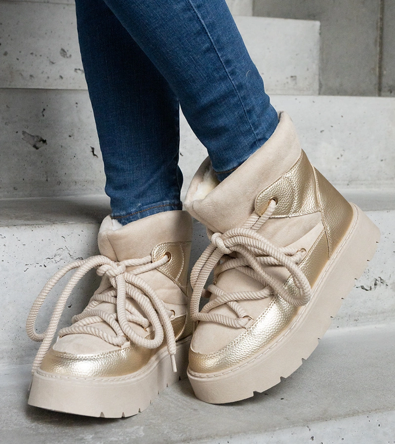 Cizme de zăpadă bej pe platformă îmblănite Sapphi