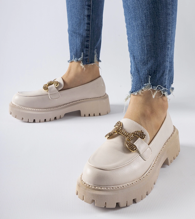 Mocasini bej ornamentați cu zirconii Uzzone