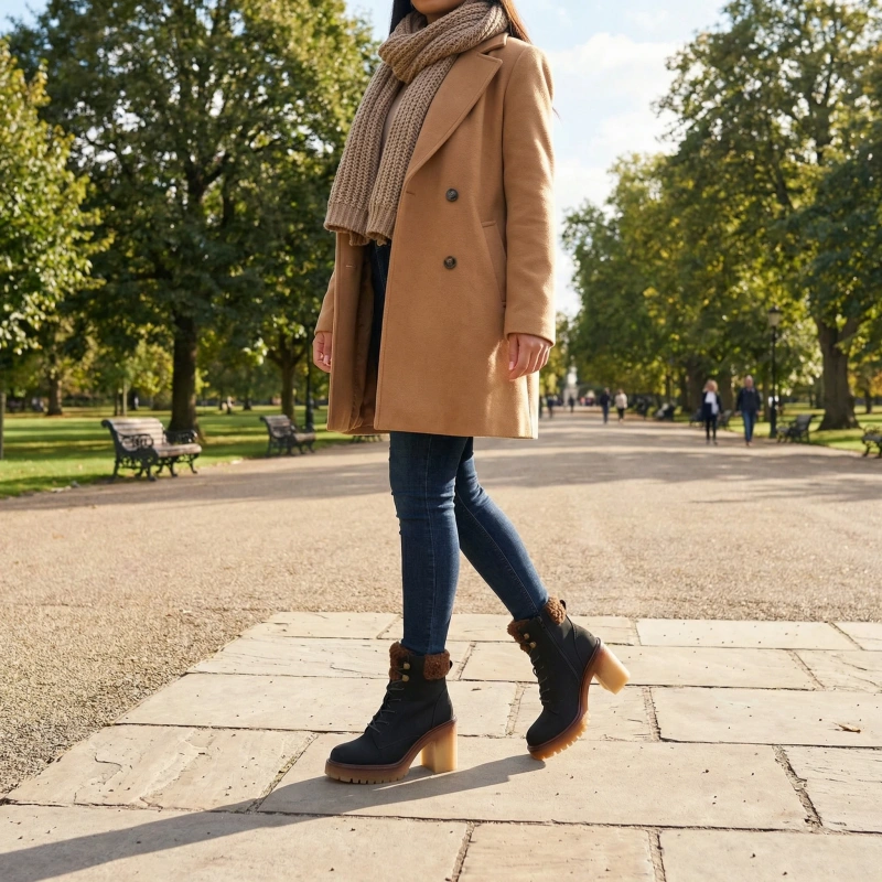 Botine negre cu toc gros cu blăniță pe șaft Alona